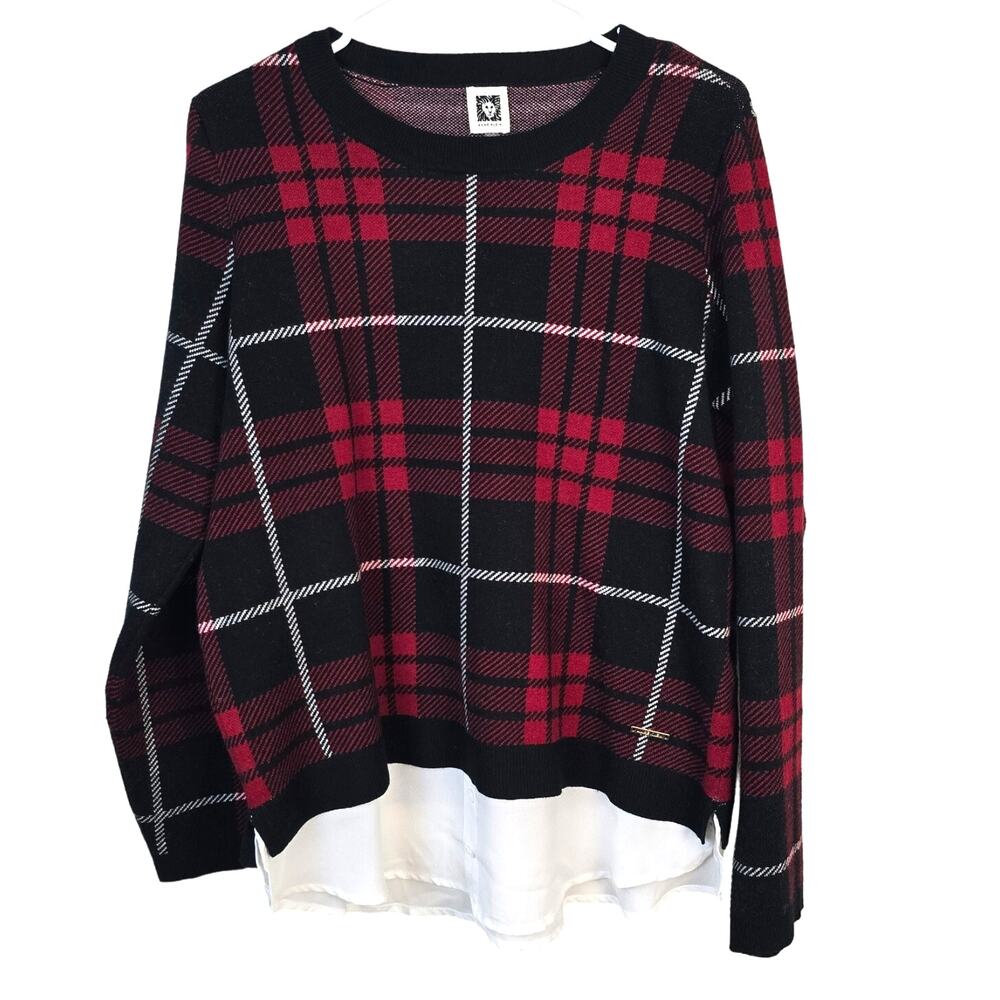 Anne Klein Sweater Women's M Red Black Plaid Layered Academia Classy Career Chic